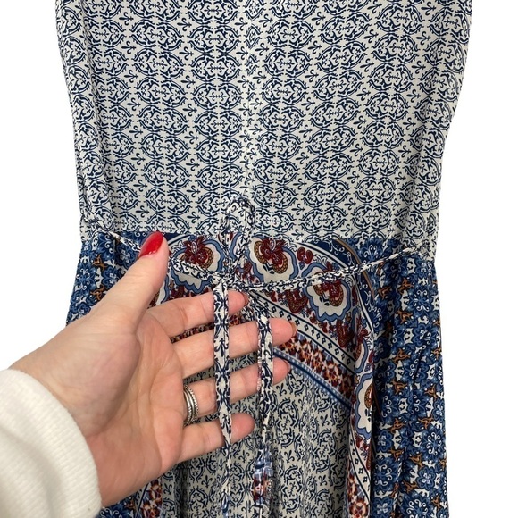 LA Soul Sleeveless Print Lined Dress w/Pockets Waist Tie Blue/Ivory/Red Size S - Picture 7 of 15